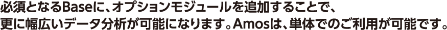 必須となるBaseに、オプションモジュールを追加することで、更に幅広いデータ分析が可能になります。Amosは、単体でのご利用が可能です。