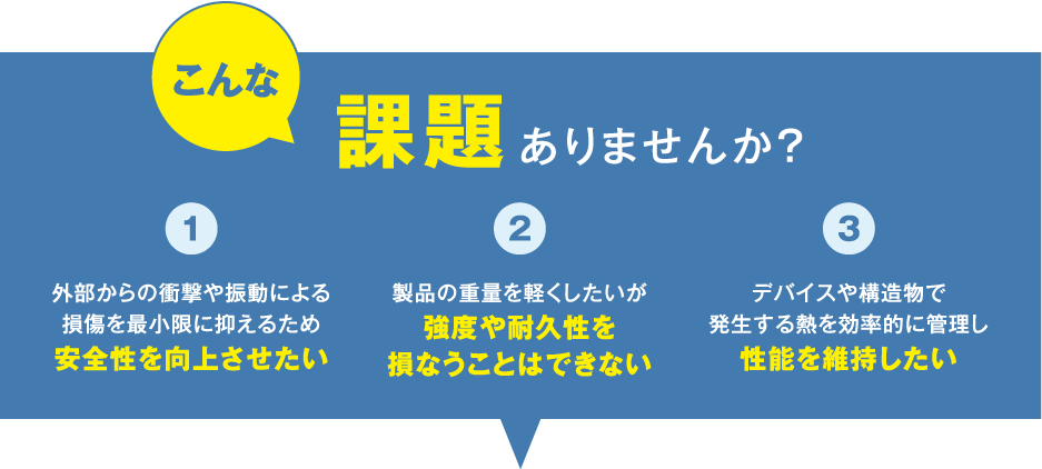 こんな課題 ありませんか？1外部からの衝撃や振動による損傷を最小限に抑えるため安全性を向上させたい 2製品の重量を軽くしたいが強度や耐久性を損なうことはできない 3デバイスや構造物で発生する熱を効率的に管理し性能を維持したい