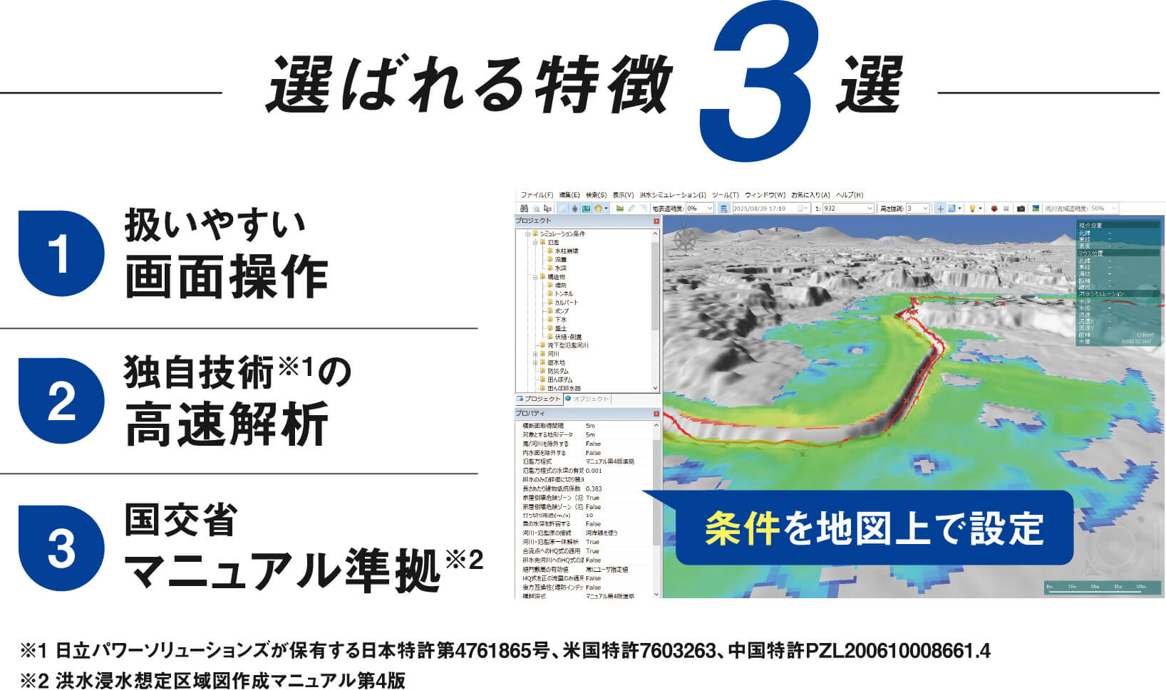 選ばれる特徴3選
        1. 扱いやすい画面操作
        2. 独自技術※1の高速解析
        3. 国交省マニュアル準拠※2
        ※1 日立パワーソリューションズが保有する日本特許第4761865号、米国特許7603263、中国特許PZL200610008661.4
        ※2 洪水浸水想定区域図作成マニュアル第4版