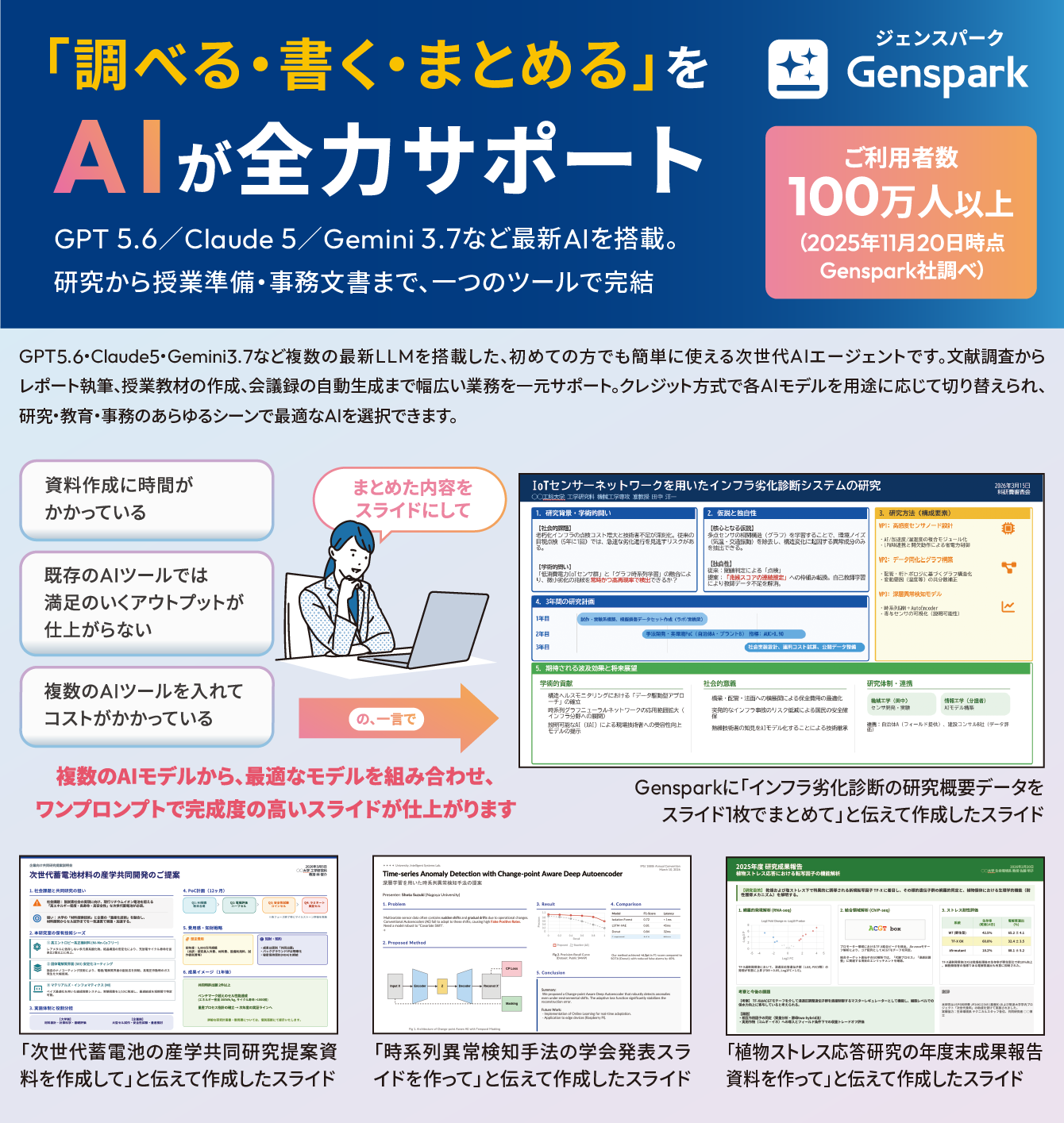 「調べる・書く・まとめる」をAIが全力サポート
        GPT 5.6／Claude 5／Gemini 3.7など最新AIを搭載。研究から授業準備・事務文書まで、一つのツールで完結
        GPT-5.6・Claude 5・Gemini 3.7など複数の最新LLMを搭載した、初めての方でも簡単に使える次世代AIエージェントです。
        文献調査からレポート執筆、授業教材の作成、会議録の自動生成まで幅広い業務を一元サポート。
        クレジット方式で各AIモデルを用途に応じて切り替えられ、研究・教育・事務のあらゆるシーンで最適なAIを選択できます。
